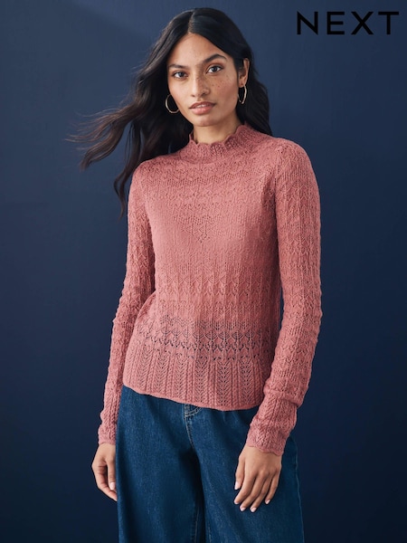 Blush Pink Pointelle Lace High Neck Knitted Jumper with Wool (E16906) | €25