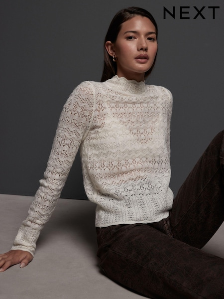 White Ecru Pointelle Lace High Neck Knitted Jumper with Wool (E16916) | €25