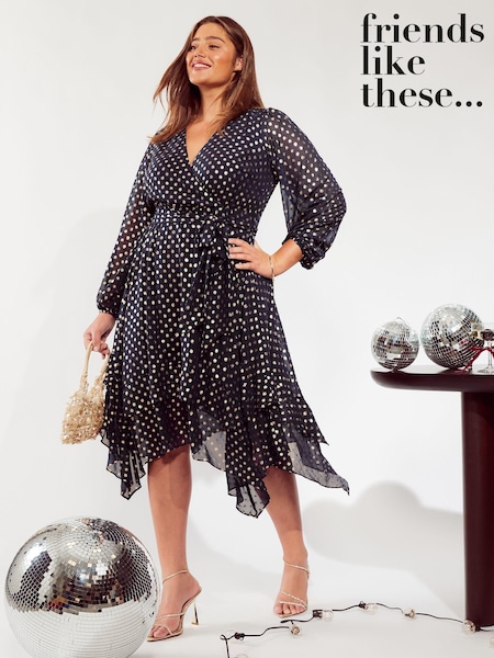 Friends Like These Navy Blue Curve Printed Wrap Midi Dress (E17050) | 185 QAR