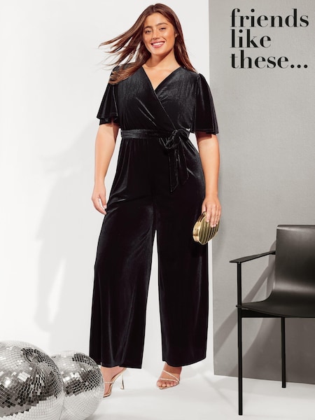 Friends Like These Black Curve Velvet Wrap Jumpsuit (E17067) | 156 QAR