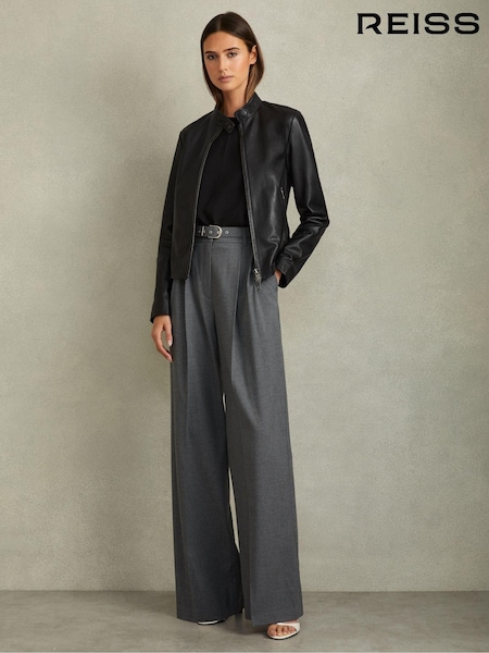 Reiss Black Darby Leather Zip-Front Biker Jacket (E17129) | €395
