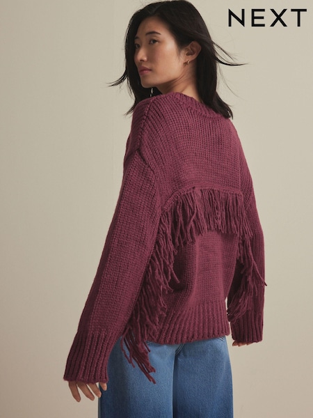 Red Burgundy Fringe Detail Knitted Jumper with Wool (E17130) | €34
