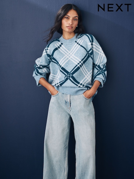 Blue Chambray Seam Detail Crew Neck Jumper With Wool (E17132) | AED134