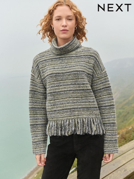 Green Khaki Fringe Spacedye High Roll Neck Knitted Jumper with Wool (E17133) | €18