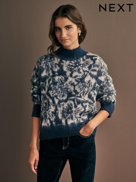 Blue Floral Soft Touch Brushed Knit Jumper with Wool (E17144) | €24