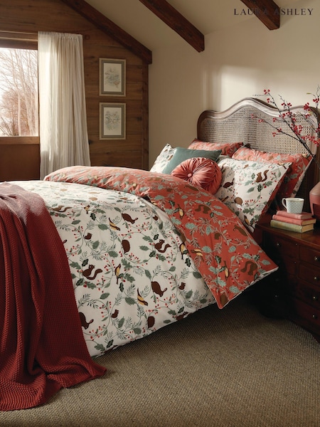 Laura Ashley Crimson Red 100% Cotton Autumnal Woodland Duvet Cover and Pillowcase Set (E17192) | €48 - €90