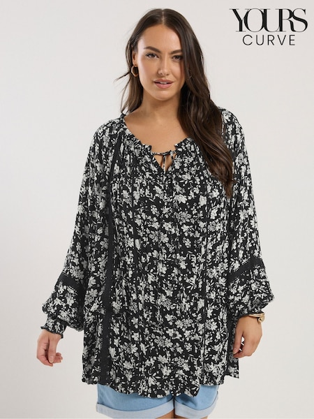 Yours Curve Black Pleated Front Long Sleeve Boho Top (E17221) | €39