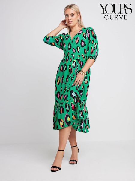 Yours Curve Green Limited Collection Leopard Print Textured Wrap Dress (E17236) | €50