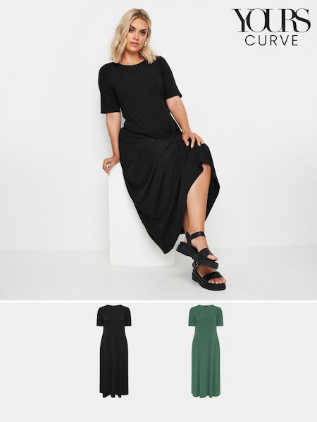 Yours Curve Black Ribbed Swing Maxi Dresses 2 Pack (E17261) | kr828