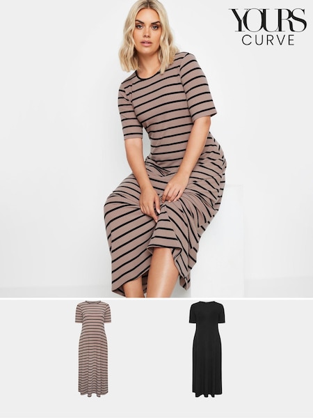 Yours Curve Black & Brown Stripe Ribbed Swing Maxi Dresses 2 Pack (E17273) | kr871