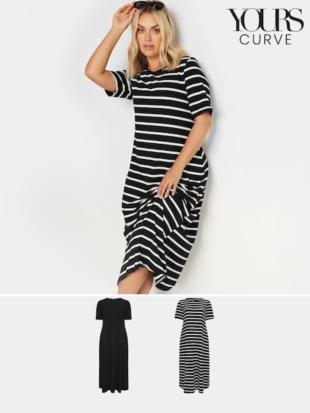 Yours Curve Black & White Stripe Ribbed Swing Maxi Dresses 2 Pack (E17276) | kr871