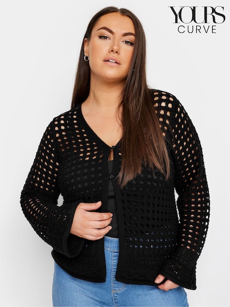 črna - Yours Curve Button Through Crochet Cardigan (E17280) | € 41