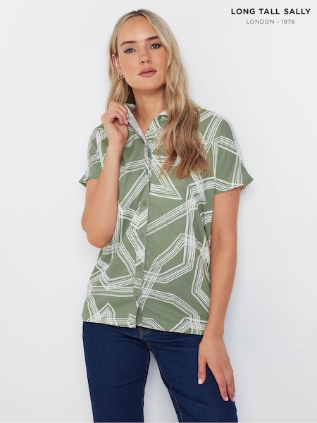 Long Tall Sally Green Abstract Grown On Sleeve Shirt (E17327) | ₪146