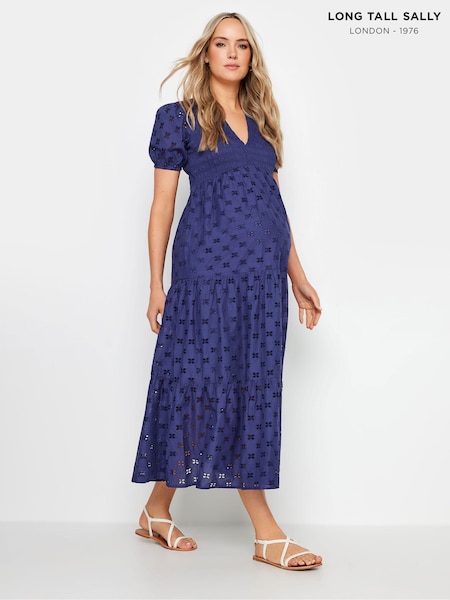 Long Tall Sally Blue Maternity Broderie Anglaise Tie Midaxi 100% Cotton Dress (E17335) | €52