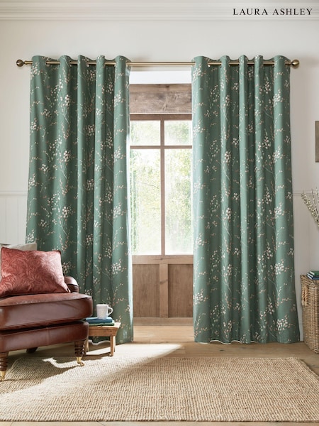 Laura Ashley Fern Green Pussy Willow Blackout Eyelet Curtains (E17379) | €106 - €199
