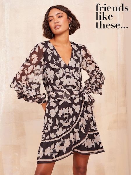 Friends Like These Cream Chiffon Ruffle Wrap Mini Dress (E17452) | 114 QAR