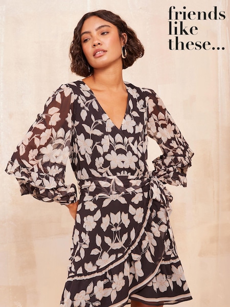 Friends Like These Cream Petite Chiffon Ruffle Wrap Mini Dress (E17453) | 114 QAR