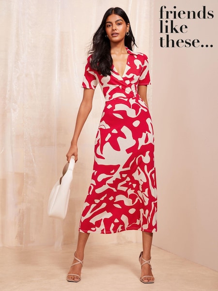 Friends Like These Red Short Sleeve Wrap Style Midi Dress With Collar (E17469) | 138 QAR