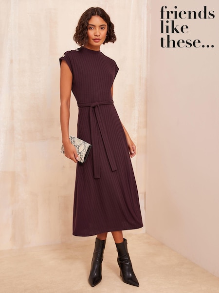Friends Like These Red Button Shoulder Rib Midi Dress With Tie Belt Detailing (E17472) | 111 QAR