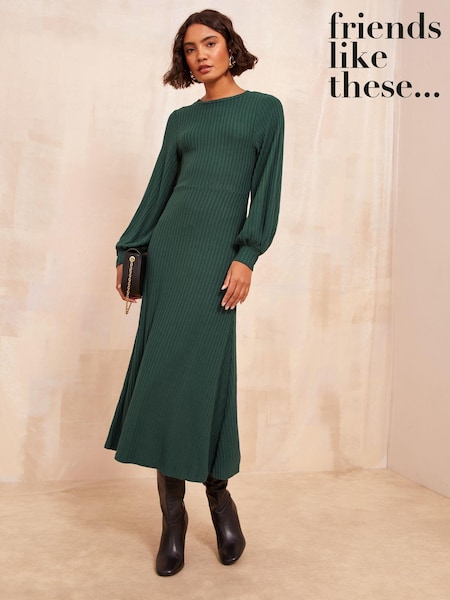 Friends Like These Khaki Green Long Sleeve Rib Batwing Midi Dress (E17474) | ₪191