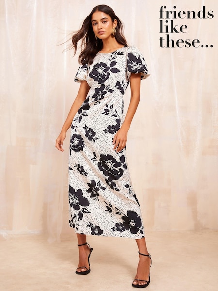 Elfenbeinweiß - Friends Like These Kurzarm Puff Midi Kleid mit Seitenschlitz (E17475) | 37 €