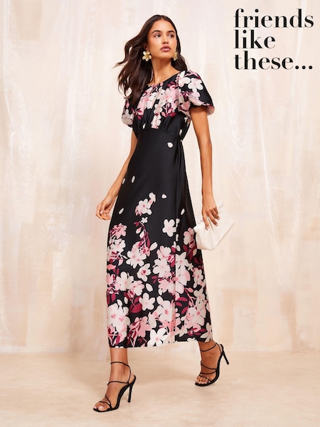 Schwarz - Friends Like These Kurzarm Puff Midi Kleid mit Seitenschlitz (E17479) | 37 €