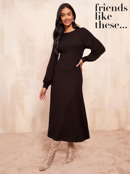 Friends Like These Black Long Sleeve Rib Batwing Midi Dress (E17483) | €30
