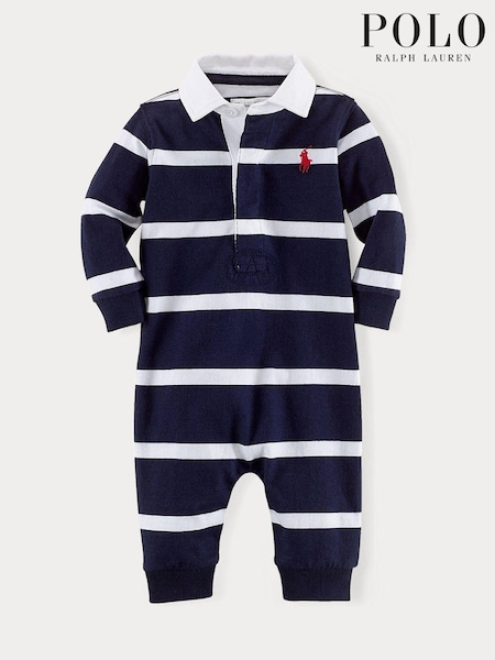 Polo Ralph Lauren Baby Boy Navy Striped Rugby Coverall 100% Cotton Jersey (E17486) | 58 €