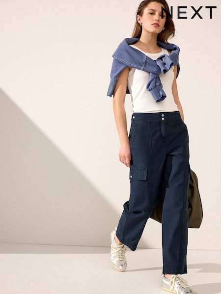 Navy 100% Cotton Cargo Barrel Leg Trousers (E17549) | kr408