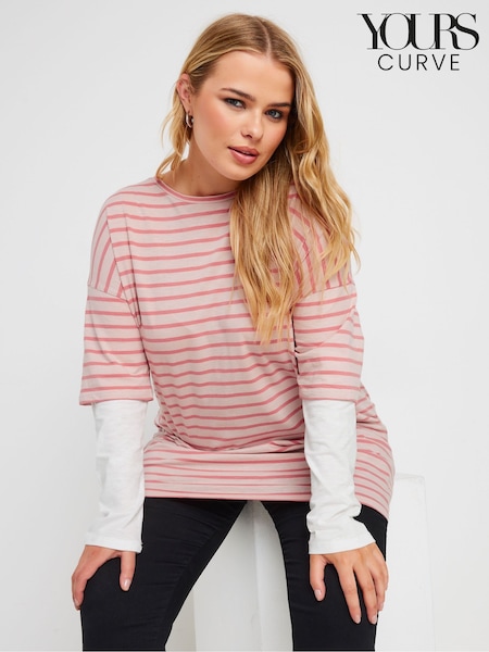 Yours Curve Pink 100% Cotton Stripe Double Layer Top (E17557) | AED157