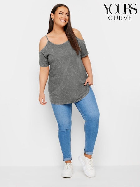 Yours Curve Grey Acid Wash Strappy Cold Shoulder T-Shirt (E17573) | €24