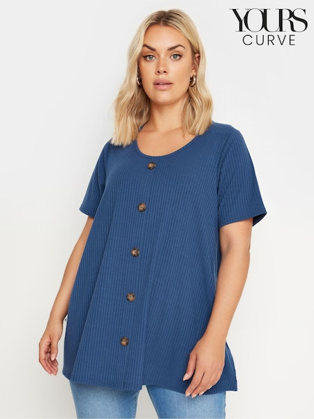 Yours Curve Blue Button Front Ribbed T-Shirt (E17589) | €28
