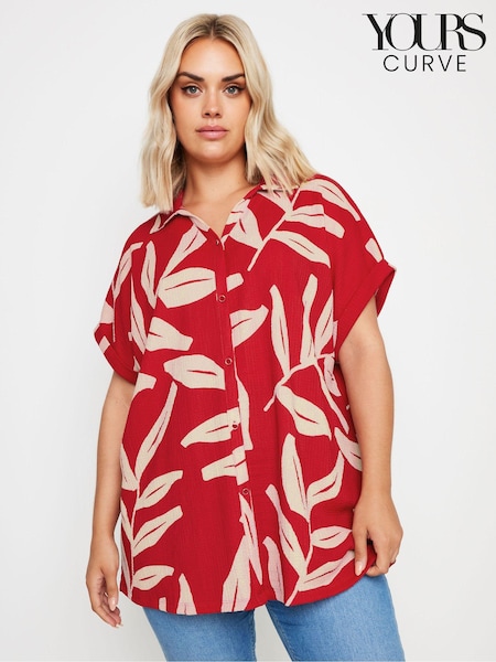 Yours Curve Red Leaf Leaf Crinkle Short Sleeve Shirt (E17594) | €38