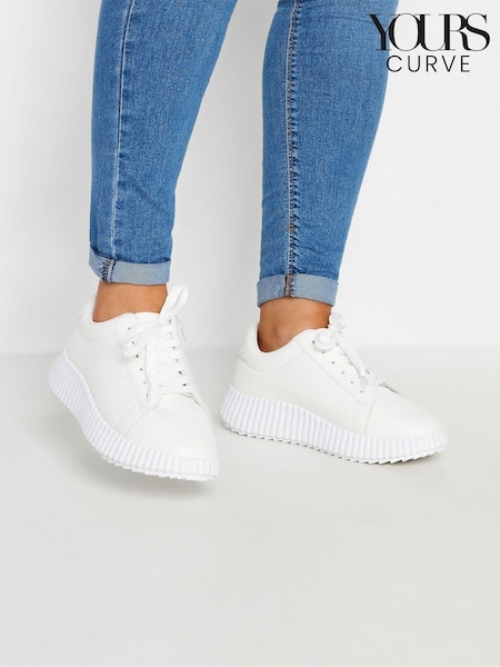 Yours Curve White Ribbed Platform Trainers In Extra Wide EEE Fit (E17605) | €49