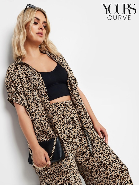 Yours Curve Black Leopard Leaf Crinkle Short Sleeve Shirt (E17609) | $51