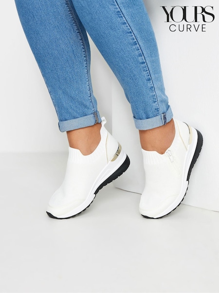 Yours Curve White Meic Trim Platform Trainers In Wide E Fit (E17619) | ₪196