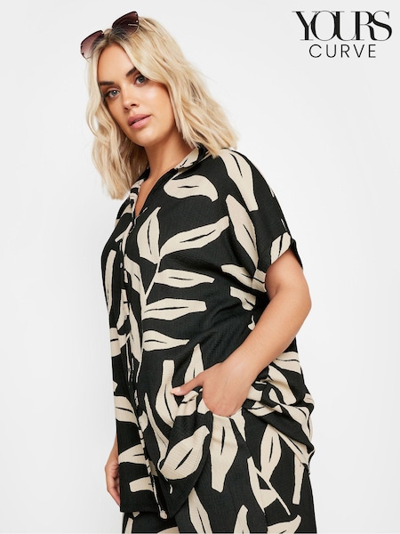 Yours Curve Black Leaf Leaf Crinkle Short Sleeve Shirt (E17620) | $51
