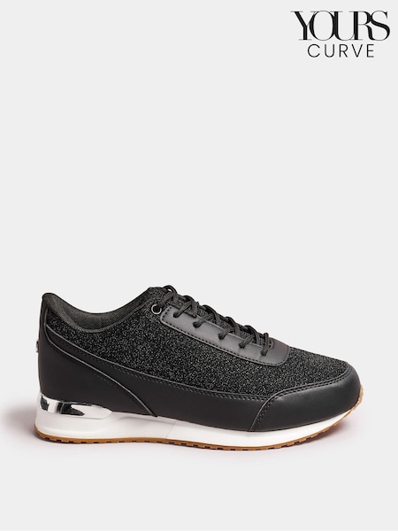 Yours Curve Black Glitter Meic Trim Trainers In Wide E Fit (E17622) | €50