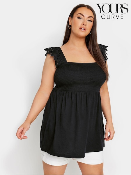 Yours Curve Black 100% Cotton Peplum Anglaise Frill Top (E17628) | €28