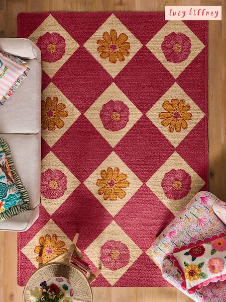 Lucy Tiffney Pink Floral Diamond Jute Rug (E17643) | €81 - €382