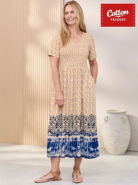 Blue - Cotton Traders V- Neck Printed Maxi Dress
