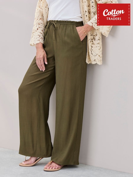 Green - Cotton Traders Crinkle Pull On Wide Leg Trousers 29"