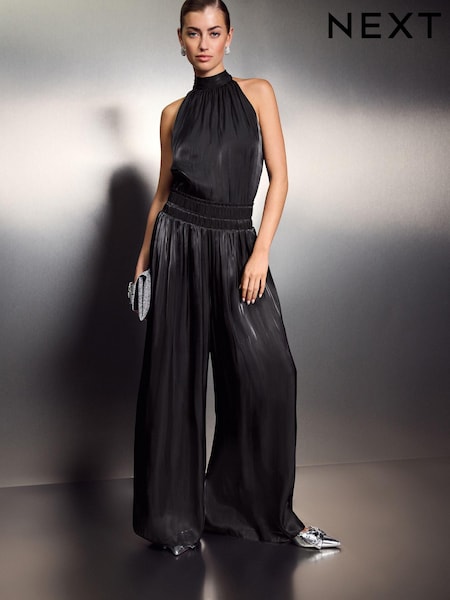 Black Metallic Satin Wide Trousers (E17807) | 123 QAR