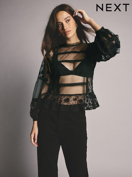 Negru - Sheer Lace High Neck Blouse (E17817) | 170 LEI