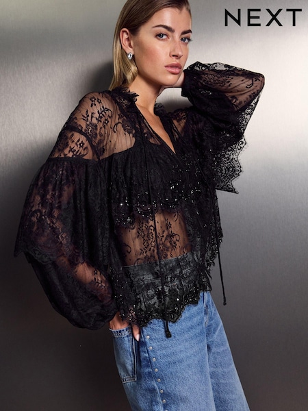 Black Embellished Lace Sheer Long Sleeve Blouse (E17880) | €33.50