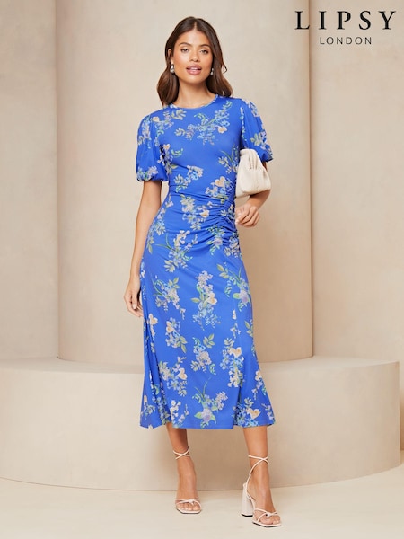 Синий - Lipsy Puff Sleeve Ruched Midaxi Printed Dress (E17881) | €29