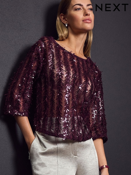 Бордовый - Sequin Sheer Fluffy Quarter Sleeve Top (E17885) | €9