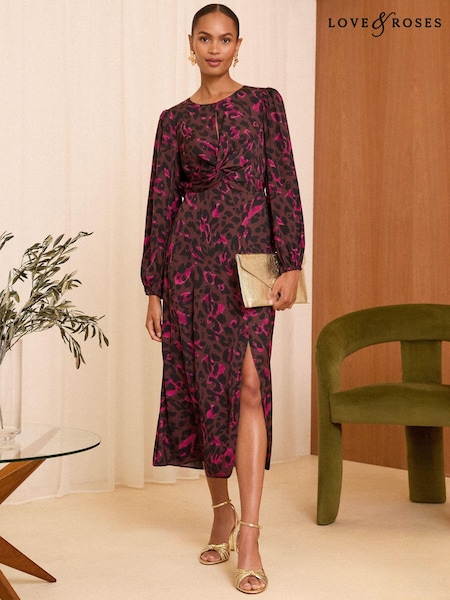 Love & Roses Brown Animal Printed Satin Twist Long Sleeve Midi Dress (E17965) | AED169