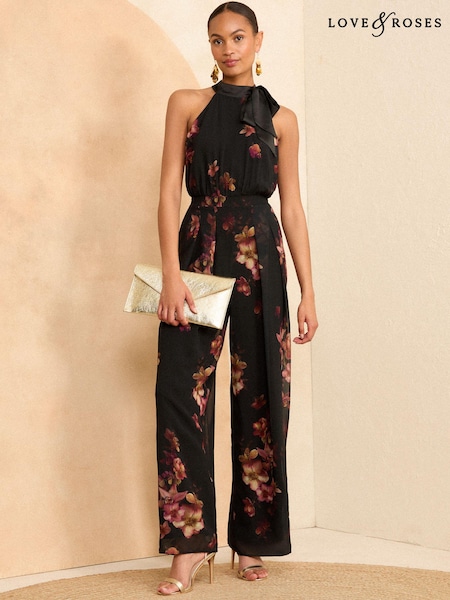Love & Roses Halter Neck Belted Wide Leg Jumpsuit (E17969) | 313 LEI