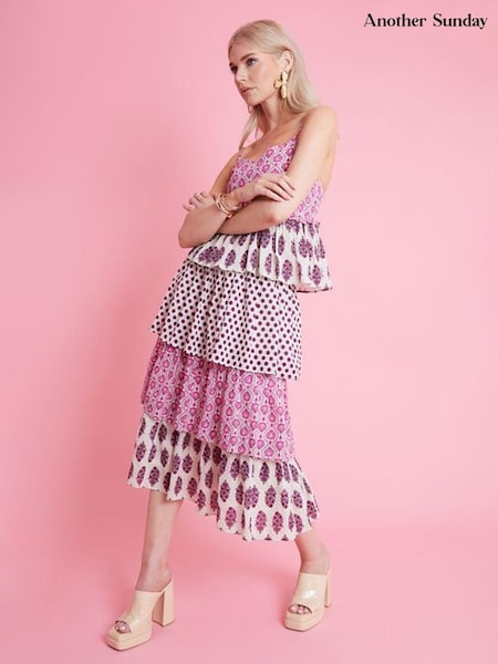 Another Sunday Mix Print Floral Polka Dot Pink Tiered 100% Cotton Cami Midi Dress (E18009) | €44
